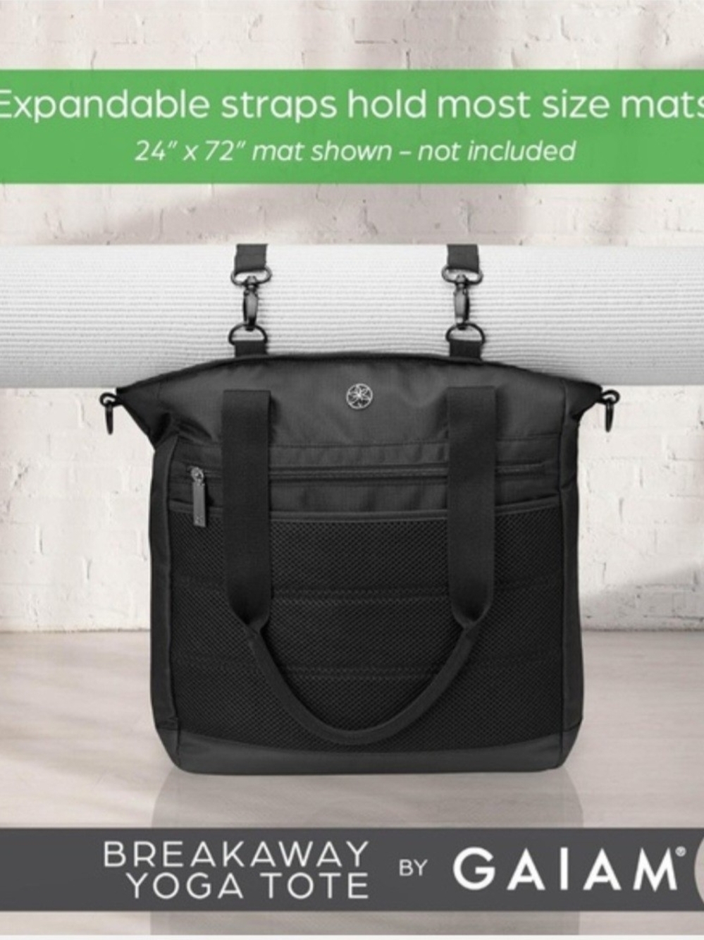 GAIAM Black Breakaway Yoga Tote with Expandable Mat Straps
